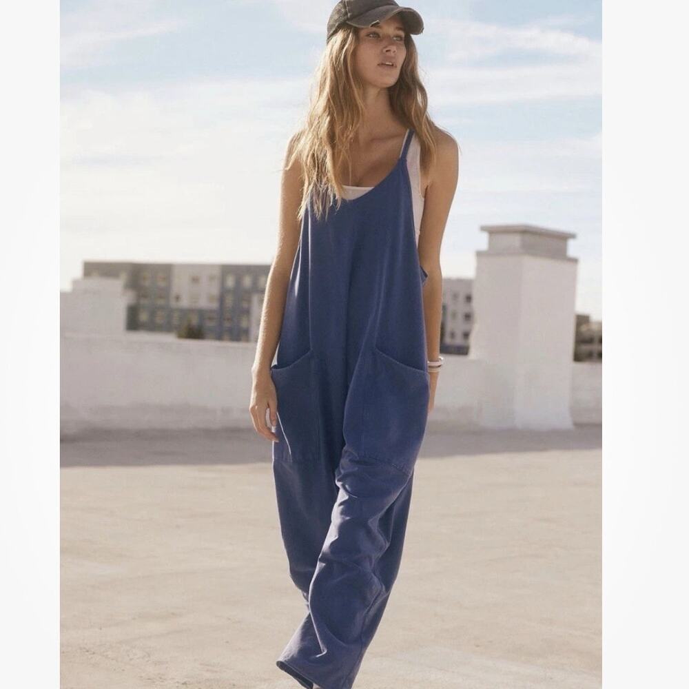 Free People Movement Hot Shot Jumpsuit Womens M Oversized Misty Blue Boho